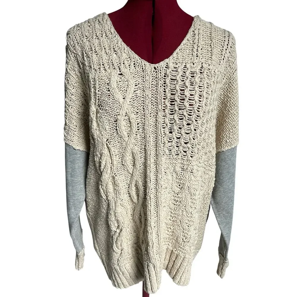 By Together Womens Small 100% Cotton Mix Media Cream Cable Knit‎ V Neck Sweater